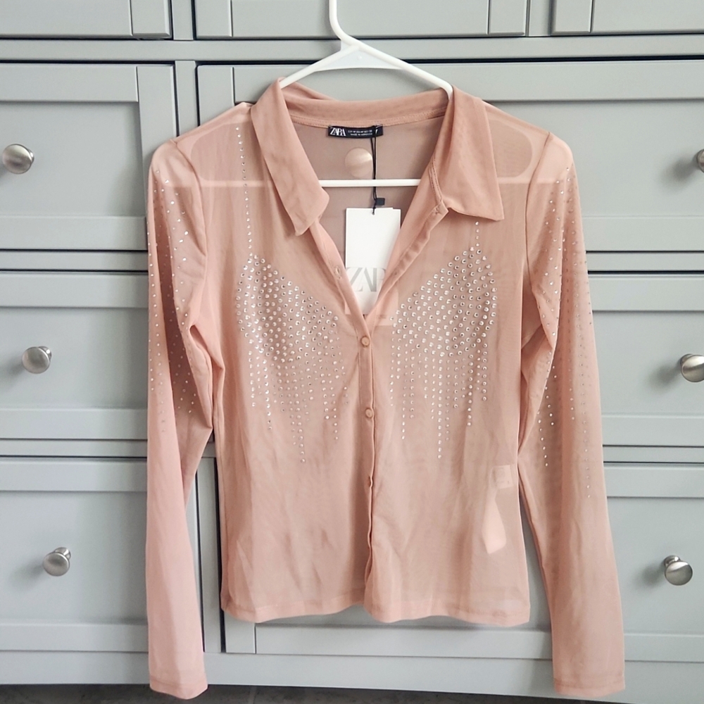 NWT Zara Woman Rhinestone Jewel Studded Tulle Button Down Shirt Size M Medium